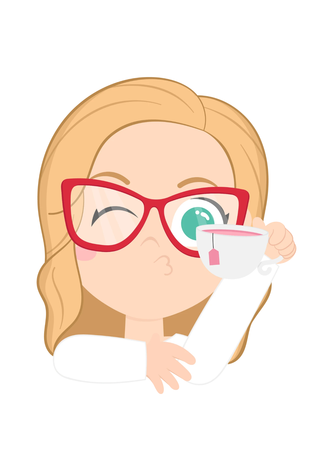 Evelinda, mascote da marca, tomando uma xicrinha de chá